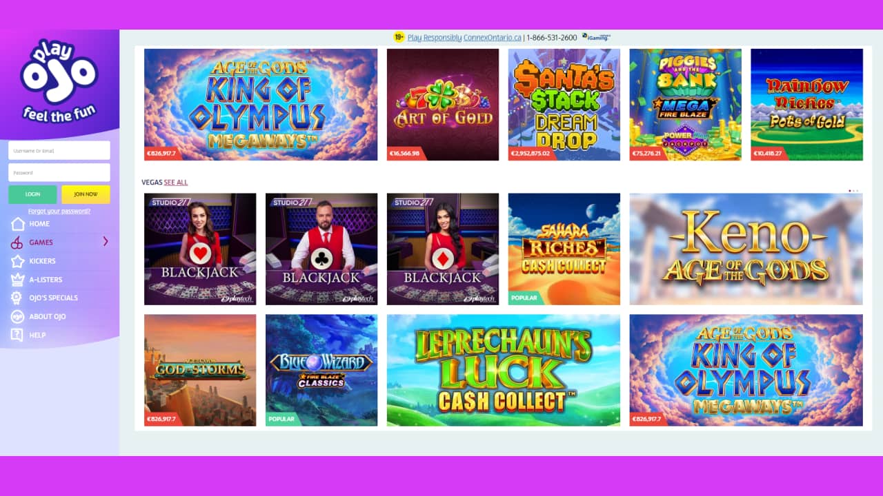 Playojo online casino game offerings