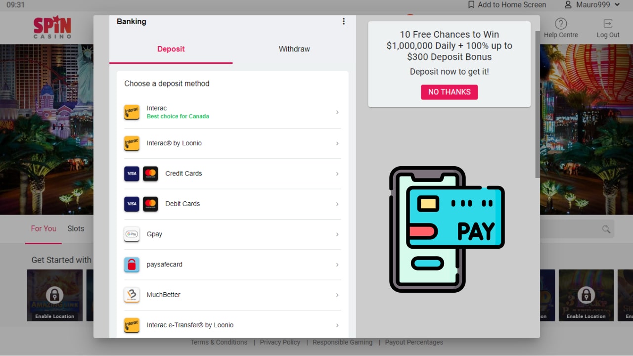 Spin Palace payment methods